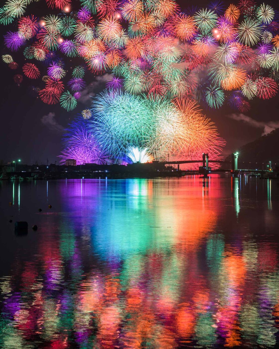 Fireworks reflected on water
